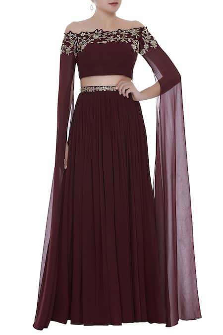 Pooja Peshoria Wine Georgette Embroidered Beads Notched Cape Sleeve Top And Pleated Lehenga 