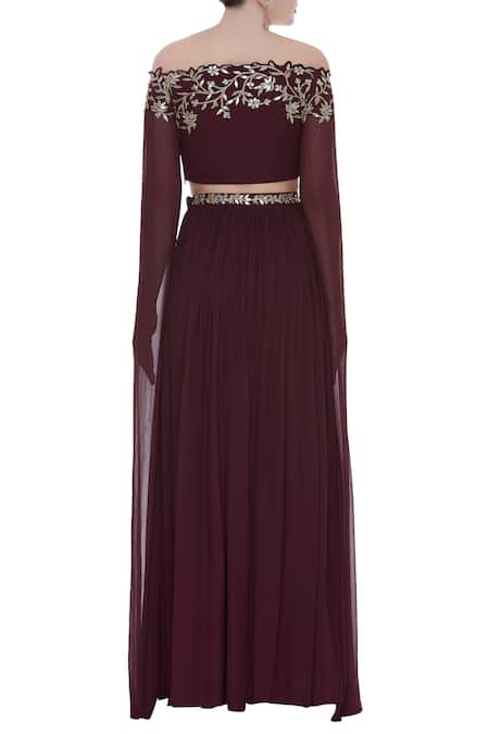 Shop Pooja Peshoria Wine Georgette Embroidered Beads Notched Cape Sleeve Top And Pleated Lehenga at Aza Fashions Shop_Pooja Peshoria_Wine Georgette Embroidered Beads Notched Cape Sleeve Top And Pleated Lehenga _at_Aza_Fashions