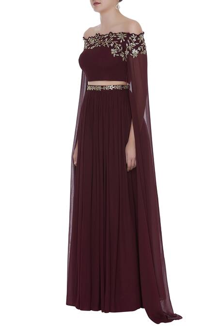 Pooja Peshoria Wine Georgette Embroidered Beads Notched Cape Sleeve Top And Pleated Lehenga Online at Aza Fashions Pooja Peshoria_Wine Georgette Embroidered Beads Notched Cape Sleeve Top And Pleated Lehenga _Online_at_Aza_Fashions