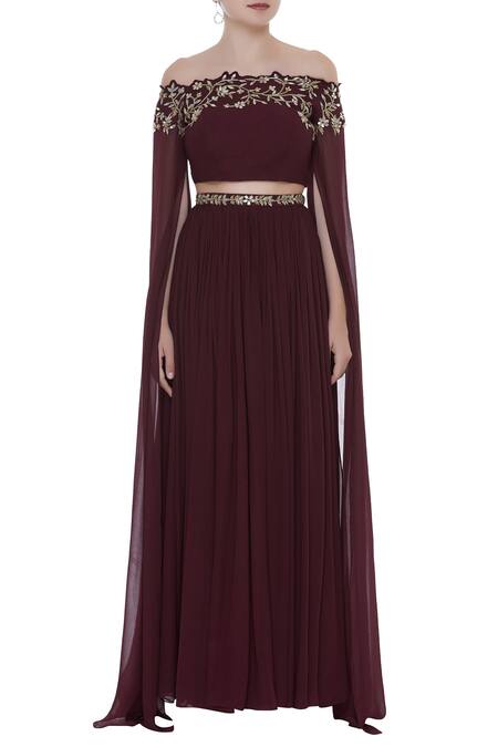 Buy Pooja Peshoria Wine Georgette Embroidered Beads Notched Cape Sleeve Top And Pleated Lehenga Online at Aza Fashions Buy_Pooja Peshoria_Wine Georgette Embroidered Beads Notched Cape Sleeve Top And Pleated Lehenga _Online_at_Aza_Fashions