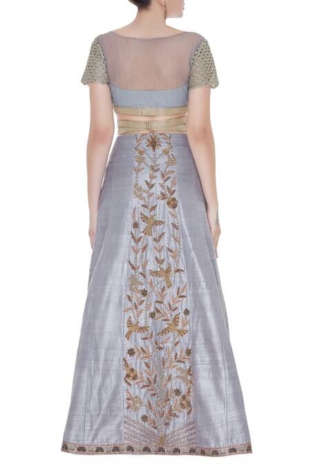 Shop Divya Kanakia Grey Blouse And Dupatta Net, Lehenga Raw Silk Sequins, Zardosi Embroidered Set at Aza Fashions Shop_Divya Kanakia_Grey Blouse And Dupatta Net, Lehenga Raw Silk Sequins, Zardosi Embroidered Set_at_Aza_Fashions