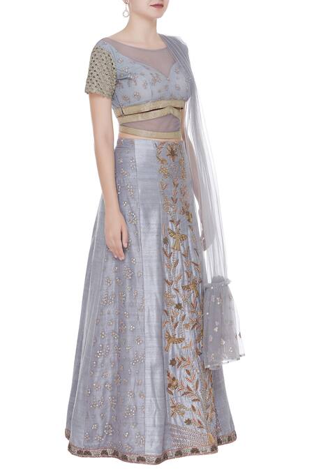 Divya Kanakia Grey Blouse And Dupatta Net, Lehenga Raw Silk Sequins, Zardosi Embroidered Set Online at Aza Fashions Divya Kanakia_Grey Blouse And Dupatta Net, Lehenga Raw Silk Sequins, Zardosi Embroidered Set_Online_at_Aza_Fashions