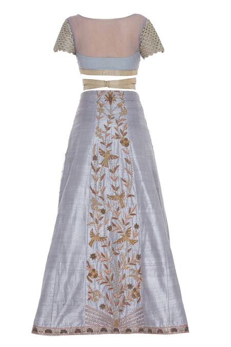 Shop Divya Kanakia Grey Blouse And Dupatta Net, Lehenga Raw Silk Sequins, Zardosi Embroidered Set Online at Aza Fashions Shop_Divya Kanakia_Grey Blouse And Dupatta Net, Lehenga Raw Silk Sequins, Zardosi Embroidered Set_Online_at_Aza_Fashions
