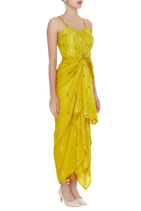 Divya Kanakia_Yellow Silk, Crepe Blend Glass Pipe Sweetheart Embellished Tunic _Online_at_Aza_Fashions