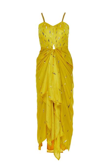 Buy_Divya Kanakia_Yellow Silk, Crepe Blend Glass Pipe Sweetheart Embellished Tunic _Online_at_Aza_Fashions