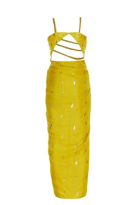 Shop_Divya Kanakia_Yellow Silk, Crepe Blend Glass Pipe Sweetheart Embellished Tunic _Online_at_Aza_Fashions