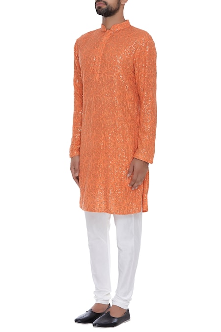 Chatenya Mittal_Orange Georgette, Cotton Cut Work, Beads Embroidered Kurta Set For Kids_Online_at_Aza_Fashions