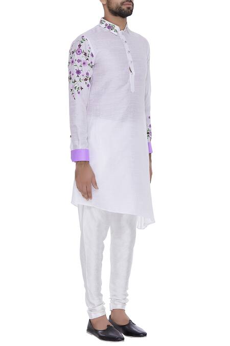 Sol By Piyush Dedhia_Off White Cotton Embroidered Floral Asymmetric Kurta With Churidar  _Online_at_Aza_Fashions