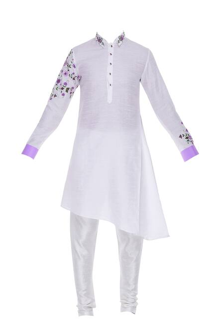 Buy_Sol By Piyush Dedhia_Off White Cotton Embroidered Floral Asymmetric Kurta With Churidar  _Online_at_Aza_Fashions