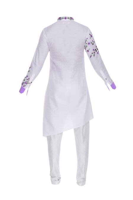 Shop_Sol By Piyush Dedhia_Off White Cotton Embroidered Floral Asymmetric Kurta With Churidar  _Online_at_Aza_Fashions