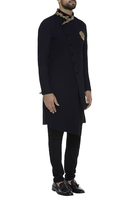 Sol By Piyush Dedhia_Blue Stretch Texture Embellished Overlap Sherwani Set  _Online_at_Aza_Fashions