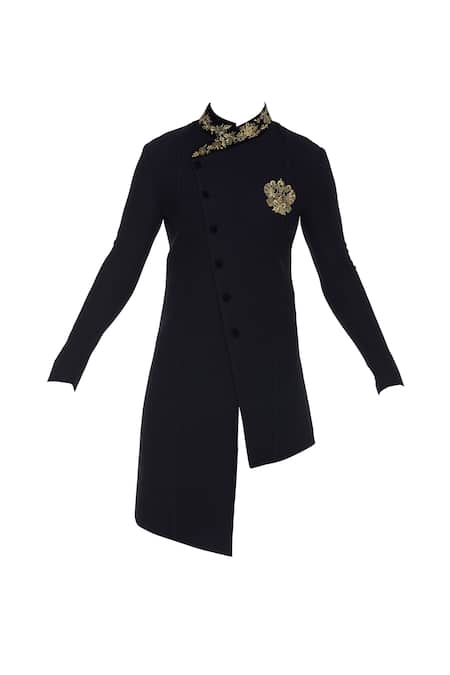 Buy_Sol By Piyush Dedhia_Blue Stretch Texture Embellished Overlap Sherwani Set  _Online_at_Aza_Fashions