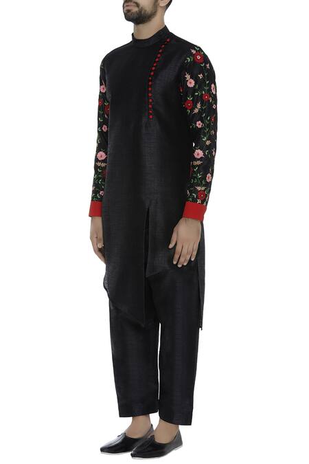 Sol By Piyush Dedhia_Black Cotton Embroidered Floral Kurta With Salwar  _Online_at_Aza_Fashions