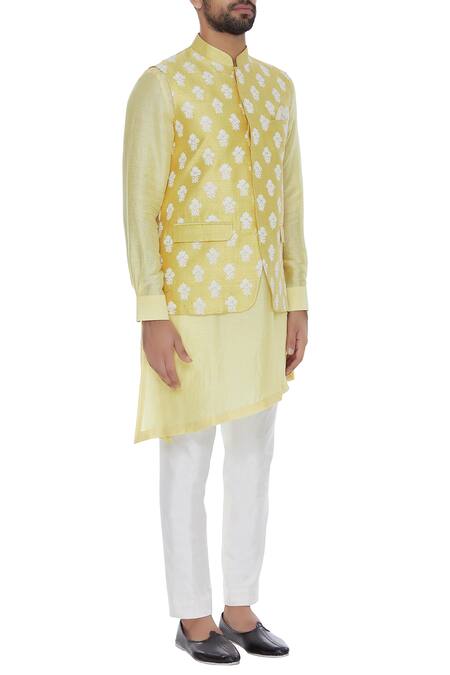 Aqube By Amber_Yellow Raw Silk Embroidered Floral Nehru Jacket_Online_at_Aza_Fashions