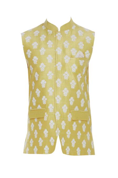 Buy_Aqube By Amber_Yellow Raw Silk Embroidered Floral Nehru Jacket_Online_at_Aza_Fashions