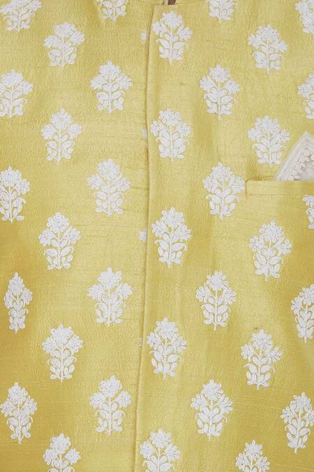Aqube By Amber_Yellow Raw Silk Embroidered Floral Nehru Jacket_at_Aza_Fashions