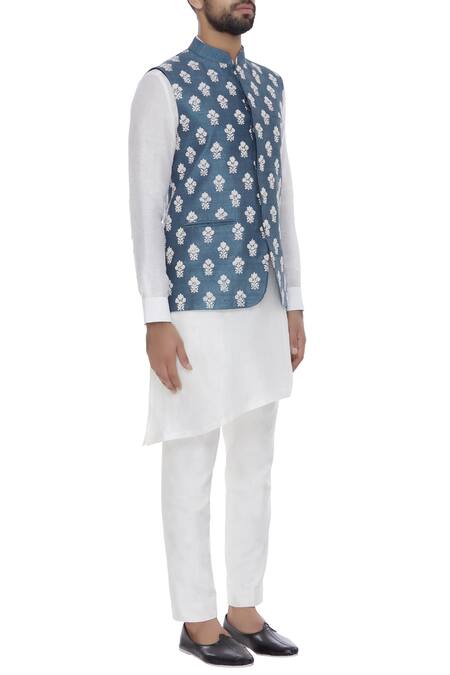 Aqube By Amber_Blue Raw Silk Embroidered Floral Cord Nehru Jacket_Online_at_Aza_Fashions