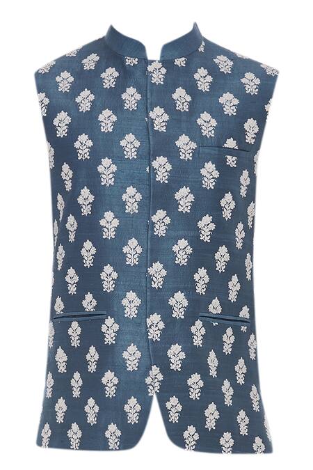 Buy_Aqube By Amber_Blue Raw Silk Embroidered Floral Cord Nehru Jacket_Online_at_Aza_Fashions