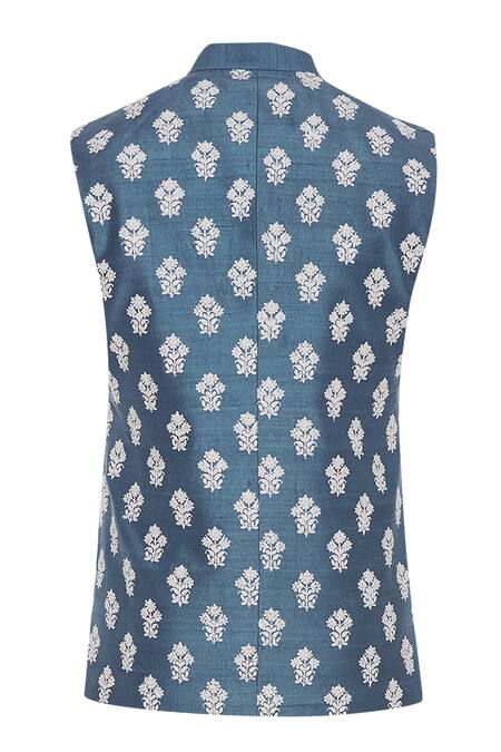 Shop_Aqube By Amber_Blue Raw Silk Embroidered Floral Cord Nehru Jacket_Online_at_Aza_Fashions