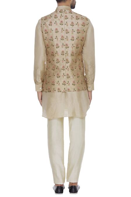 Shop_Aqube By Amber_Beige Raw Silk Embroidered Floral Cord Nehru Jacket_at_Aza_Fashions