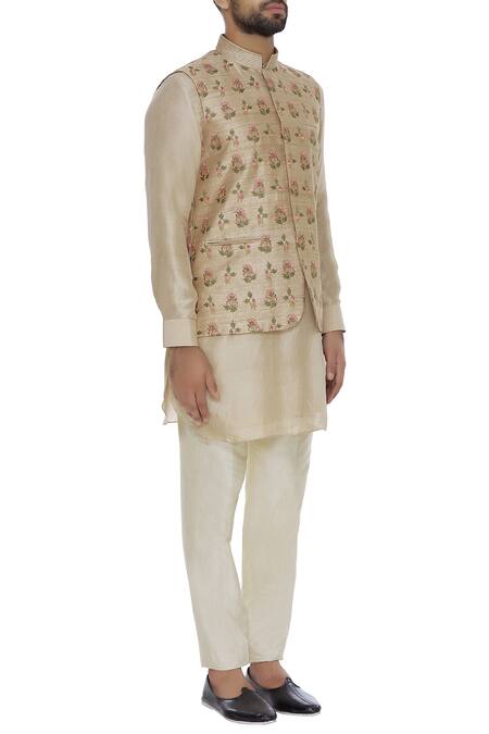 Aqube By Amber_Beige Raw Silk Embroidered Floral Cord Nehru Jacket_Online_at_Aza_Fashions