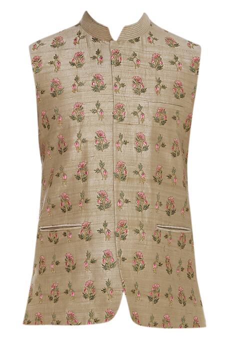 Buy_Aqube By Amber_Beige Raw Silk Embroidered Floral Cord Nehru Jacket_Online_at_Aza_Fashions
