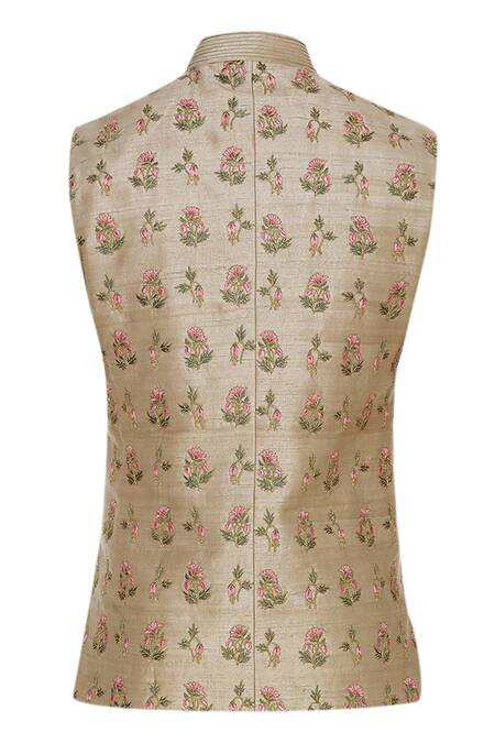Shop_Aqube By Amber_Beige Raw Silk Embroidered Floral Cord Nehru Jacket_Online_at_Aza_Fashions