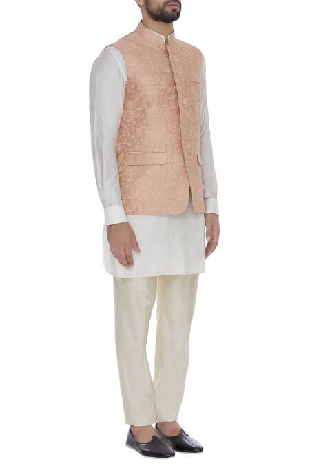 Aqube By Amber_Peach Raw Silk Embroidered Bundi_Online_at_Aza_Fashions