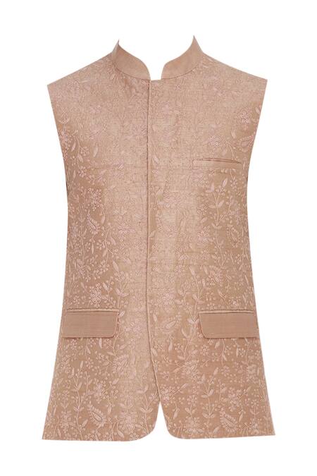 Buy_Aqube By Amber_Peach Raw Silk Embroidered Bundi_Online_at_Aza_Fashions