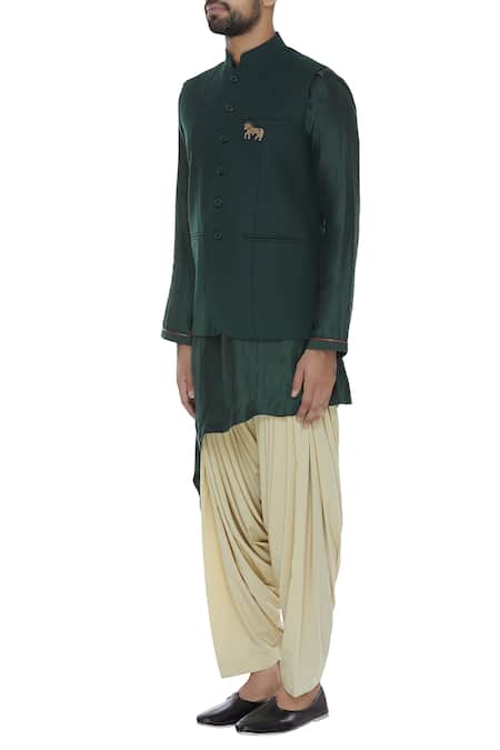 Aqube By Amber_Green Suiting Embroidered Floral Wool Bundi Jacket_Online_at_Aza_Fashions