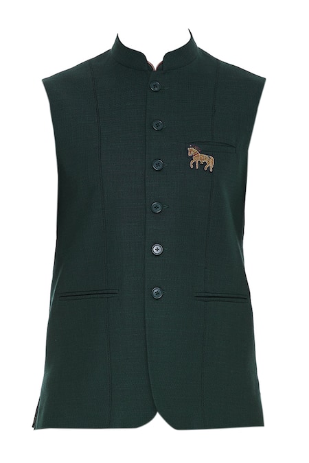 Buy_Aqube By Amber_Green Suiting Embroidered Floral Wool Bundi Jacket_Online_at_Aza_Fashions