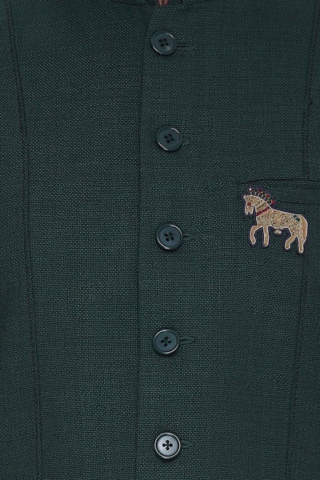 Aqube By Amber_Green Suiting Embroidered Floral Wool Bundi Jacket_at_Aza_Fashions