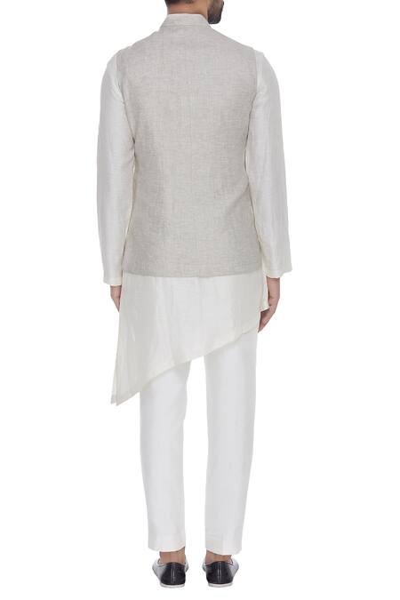 Shop Aqube By Amber Beige Linen Embroidered Floral Nehru Jacket With Elephant Motif at Aza Fashions Shop_Aqube By Amber_Beige Linen Embroidered Floral Nehru Jacket With Elephant Motif_at_Aza_Fashions