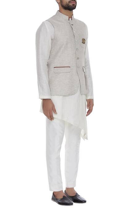 Aqube By Amber Beige Linen Embroidered Floral Nehru Jacket With Elephant Motif Online at Aza Fashions Aqube By Amber_Beige Linen Embroidered Floral Nehru Jacket With Elephant Motif_Online_at_Aza_Fashions