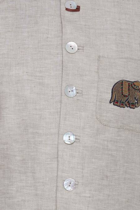 Aqube By Amber Beige Linen Embroidered Floral Nehru Jacket With Elephant Motif at Aza Fashions Aqube By Amber_Beige Linen Embroidered Floral Nehru Jacket With Elephant Motif_at_Aza_Fashions