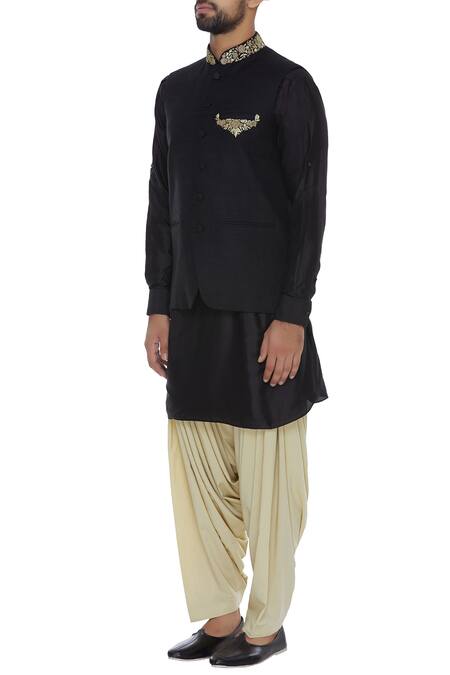 Aqube By Amber_Black Jute Silk Embroidered Floral Bundi_Online_at_Aza_Fashions