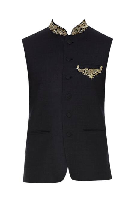 Buy_Aqube By Amber_Black Jute Silk Embroidered Floral Bundi_Online_at_Aza_Fashions