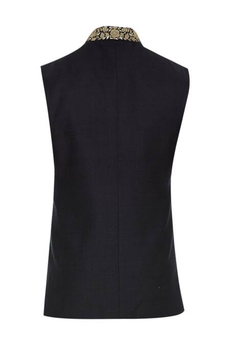 Shop_Aqube By Amber_Black Jute Silk Embroidered Floral Bundi_Online_at_Aza_Fashions