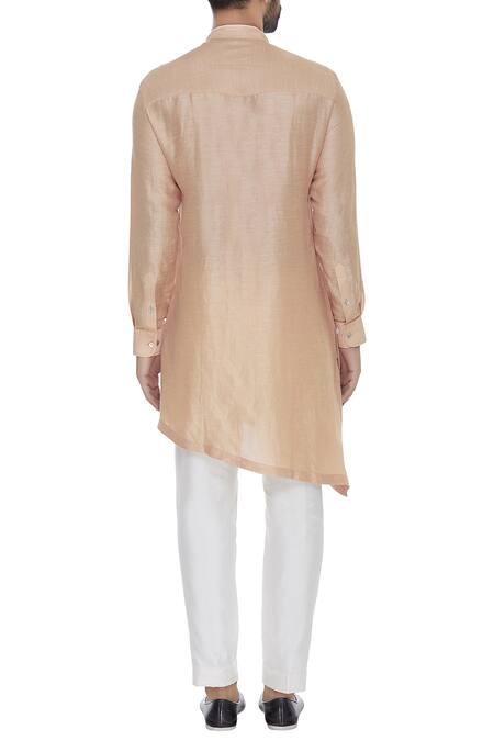 Shop_Aqube By Amber_Peach Linen Satin Asymmetric Kurta_at_Aza_Fashions