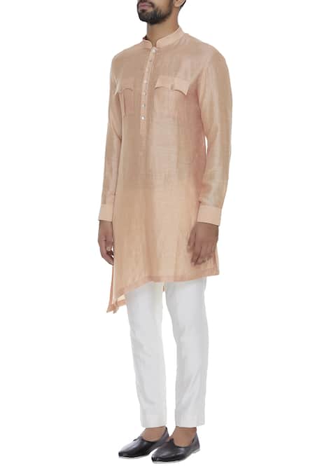 Aqube By Amber_Peach Linen Satin Asymmetric Kurta_Online_at_Aza_Fashions