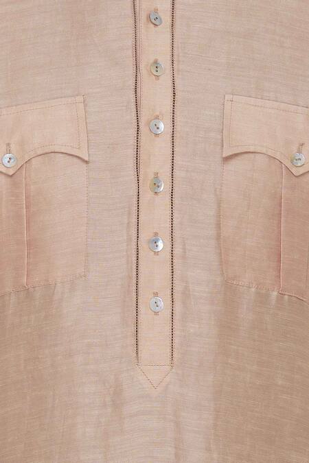 Aqube By Amber_Peach Linen Satin Asymmetric Kurta_at_Aza_Fashions