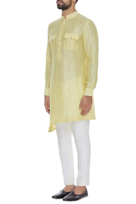 Aqube By Amber_Yellow Asymmetric Pathani Kurta_Online_at_Aza_Fashions