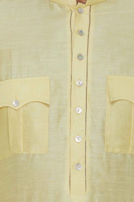 Aqube By Amber_Yellow Asymmetric Pathani Kurta_at_Aza_Fashions