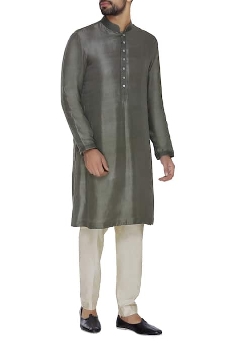 Aqube by Amber Green Dupion Silk Embroidered Floral Classic Kurta 