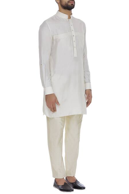 Aqube By Amber_Off White Spun Silk Embroidered Floral Kurta With Turn Up Sleeves_Online_at_Aza_Fashions