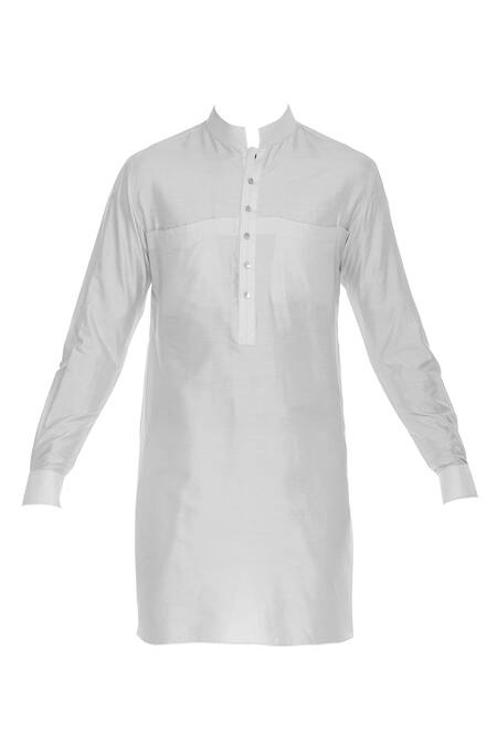 Buy_Aqube By Amber_Off White Spun Silk Embroidered Floral Kurta With Turn Up Sleeves_Online_at_Aza_Fashions