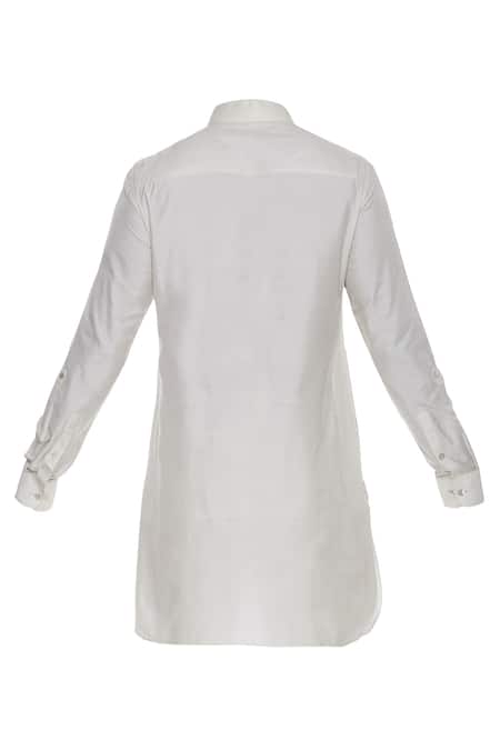 Shop_Aqube By Amber_Off White Spun Silk Embroidered Floral Kurta With Turn Up Sleeves_Online_at_Aza_Fashions