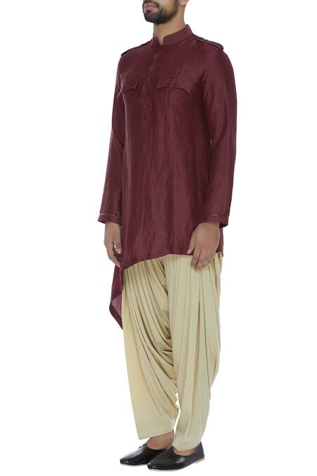 Aqube By Amber_Maroon Asymmetric Pathani Kurta_Online_at_Aza_Fashions