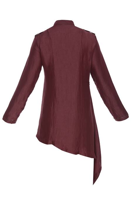 Shop_Aqube By Amber_Maroon Asymmetric Pathani Kurta_Online_at_Aza_Fashions