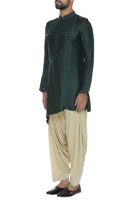 Aqube By Amber_Green Asymmetric Pathani Kurta_Online_at_Aza_Fashions